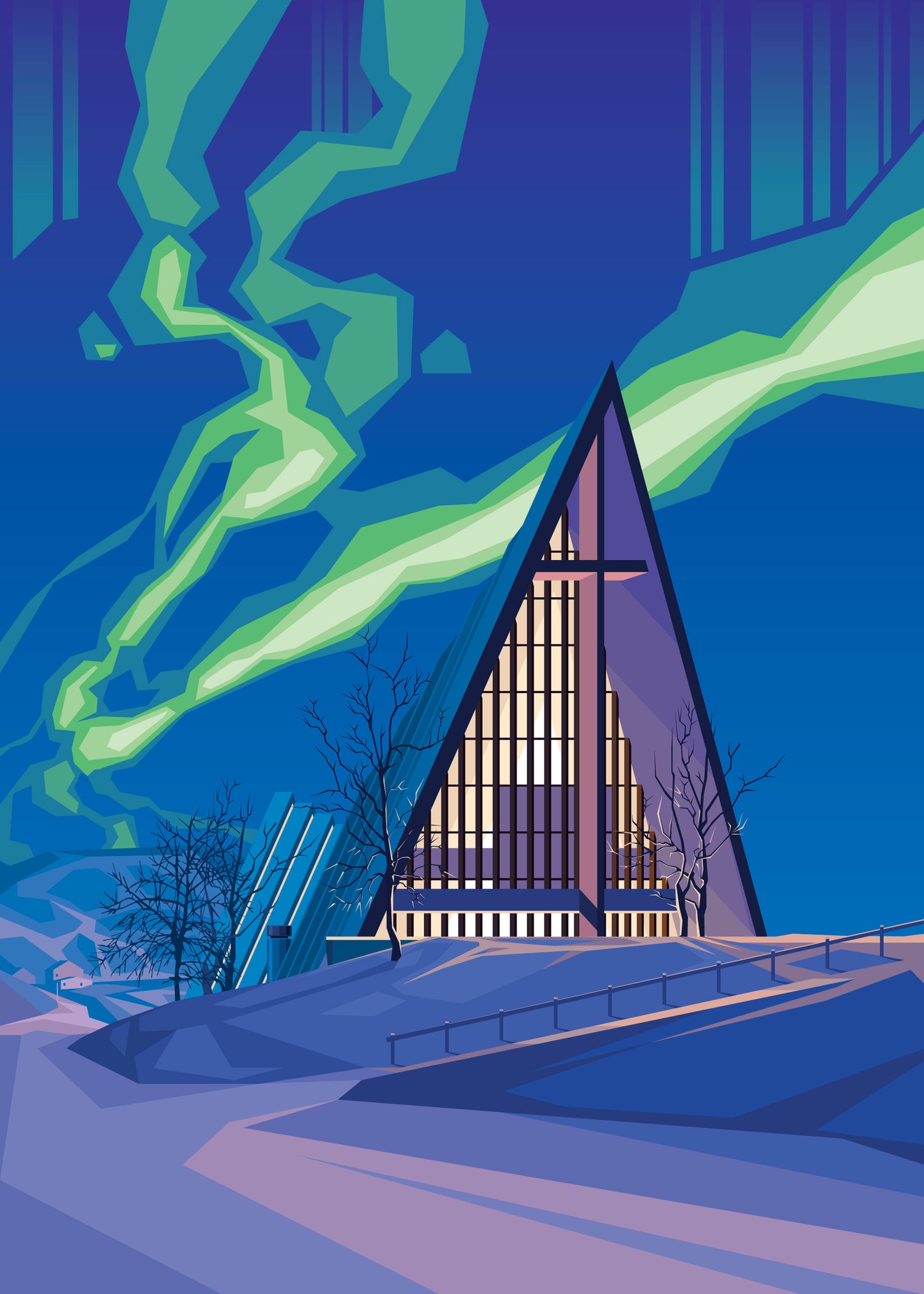 Painted picture from Ishavskatedralen (arctic catheadral) in Tromsø. Blue sky with northern light.