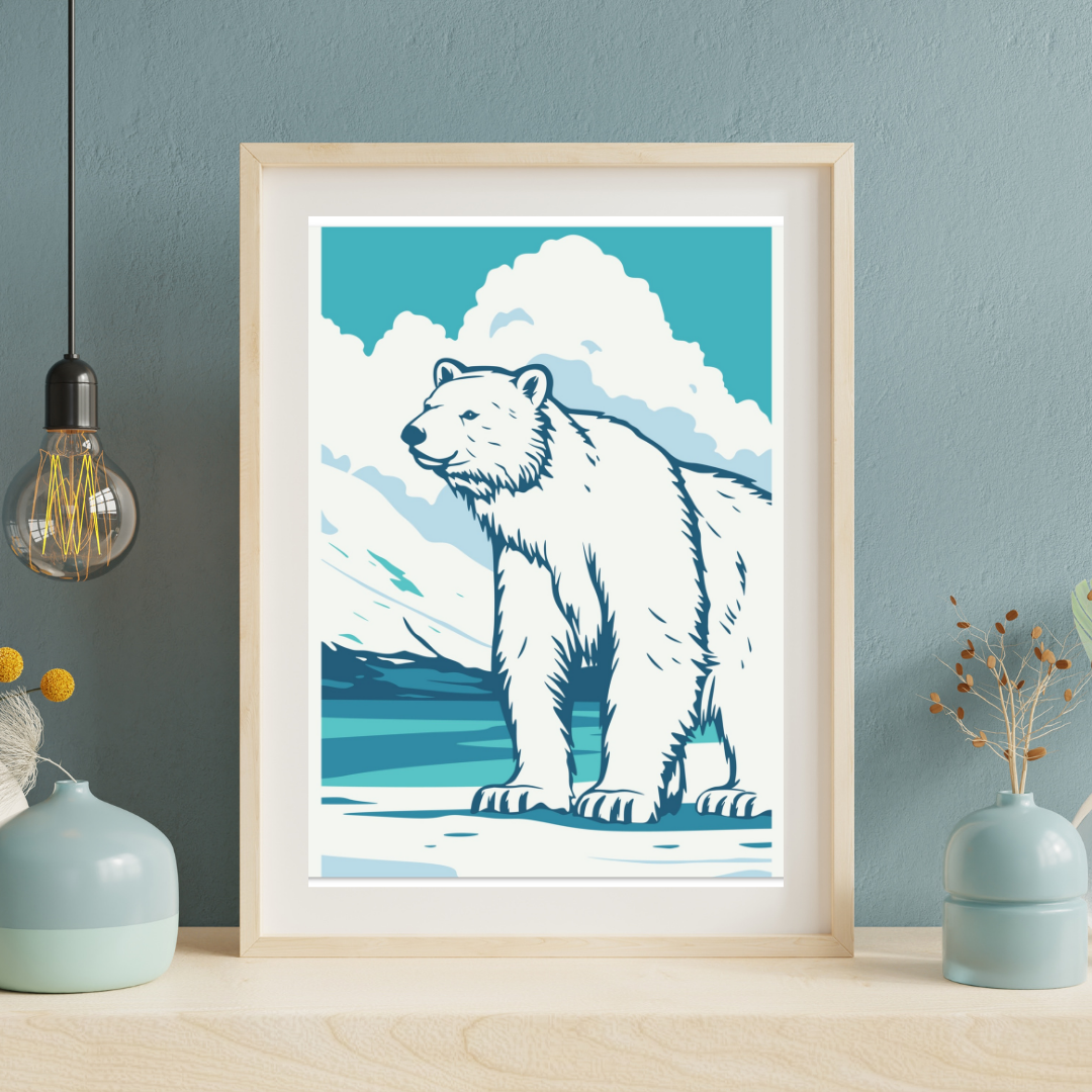 Framed poster from the majestic Arctic Polar Bear. Colors are white and blue, and it is standing on a shelf next to a hanging lamp.