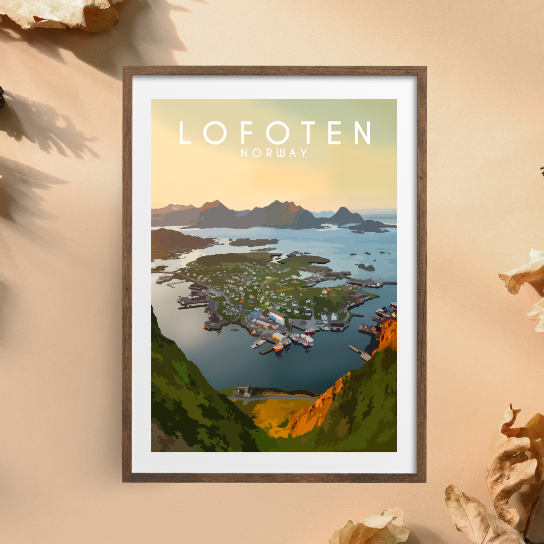 Framed artwork from the fishing village Ballstad in Lofoten, Norway on a beige background