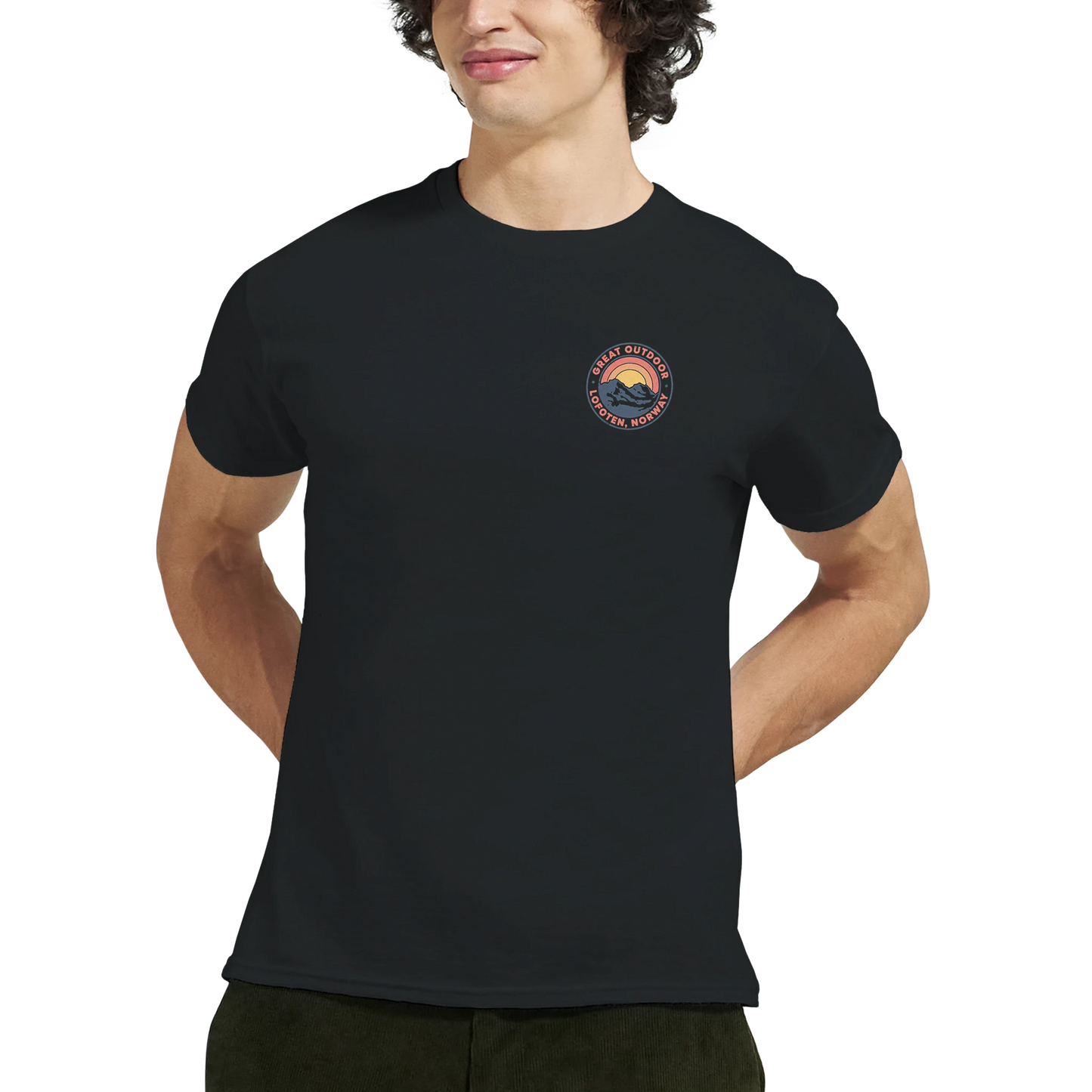 Youth wearing a black t-shirt with print in the front which says Great Outdoor Lofoten Norway. Colors of print is yellow and orange.