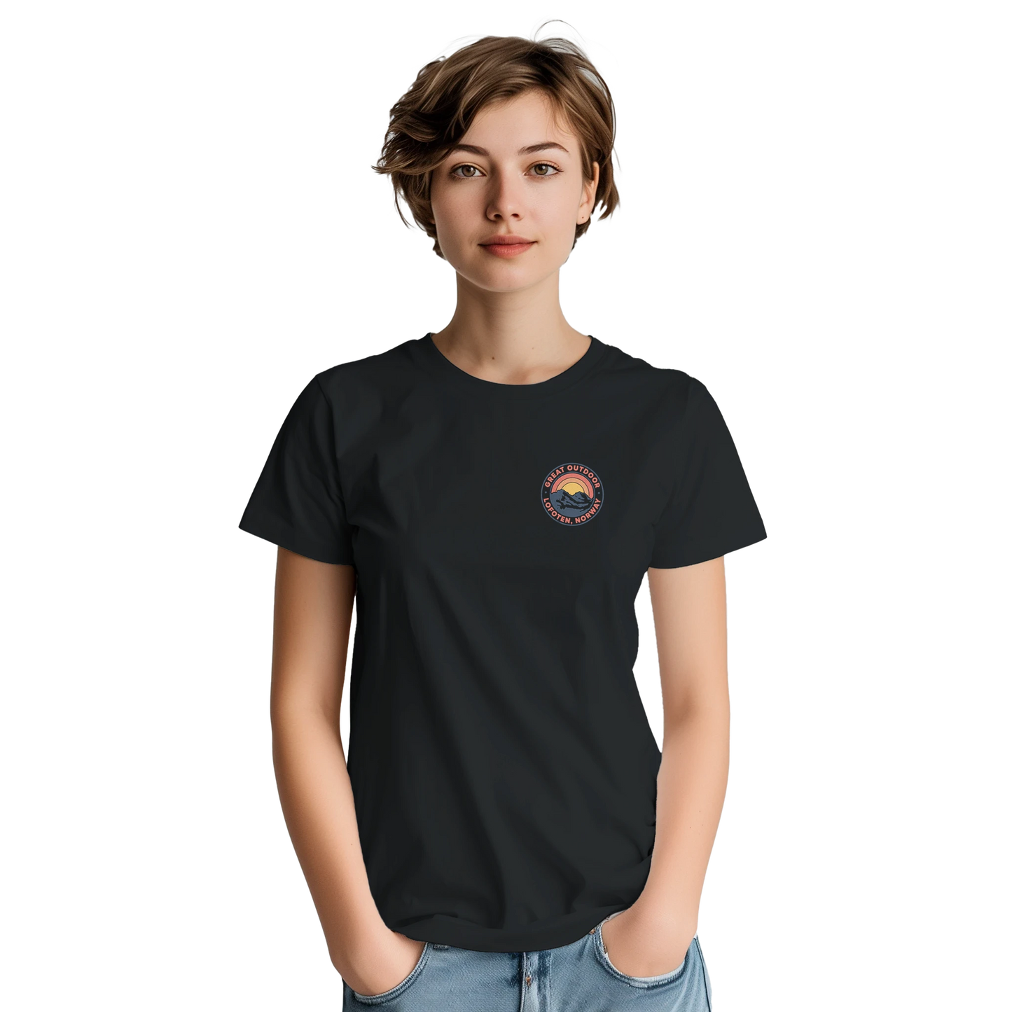Woman wearing a black t-shirt with print in the front which says Great Outdoor Lofoten Norway. Colors of print is yellow and orange.