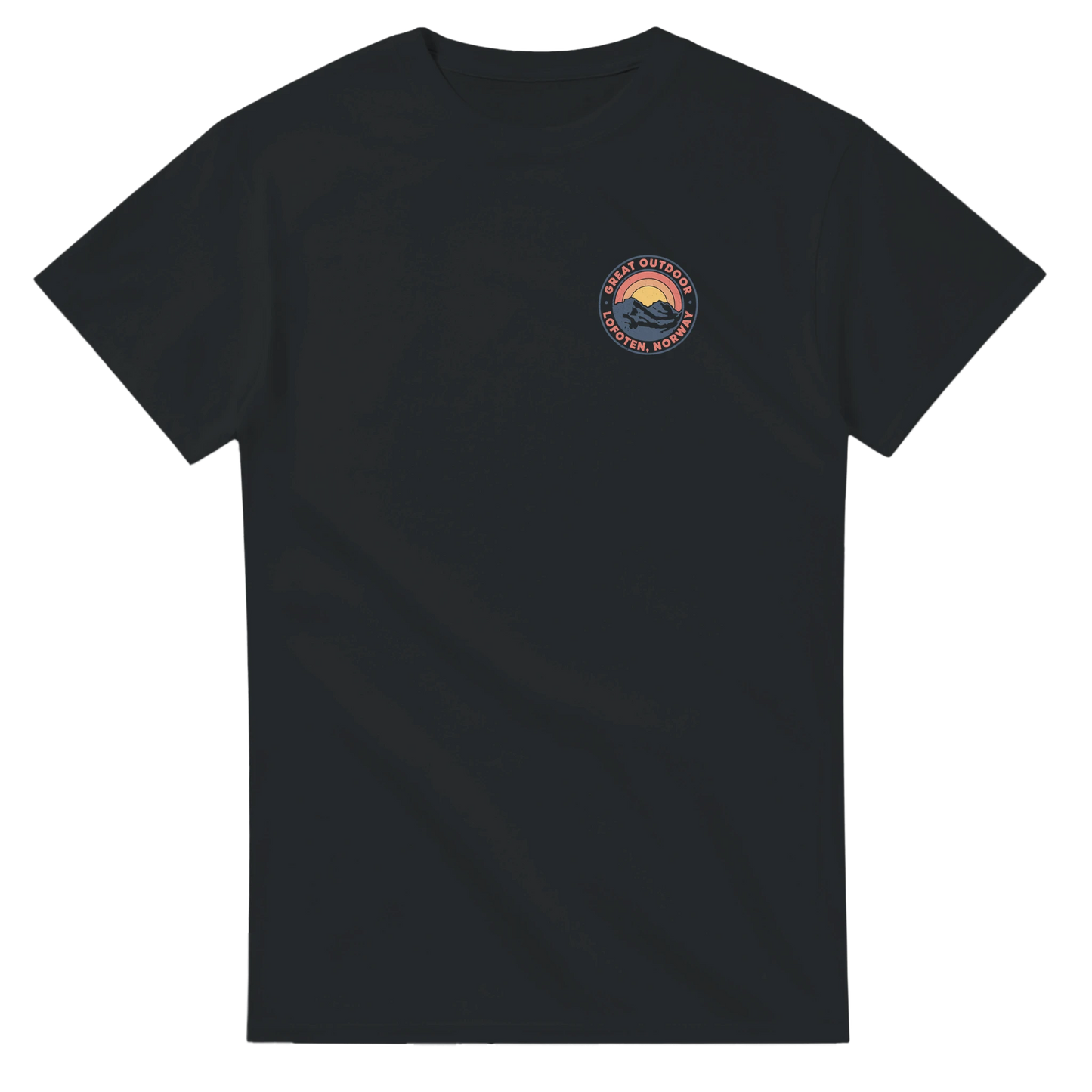 Black t-shirt with small print in the front which says Great Outdoor Lofoten Norway. Colors of print are yellow and orange.