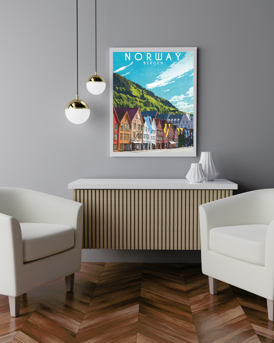 Framed painted picture from Bryggen in Bergen, many colorful houses.