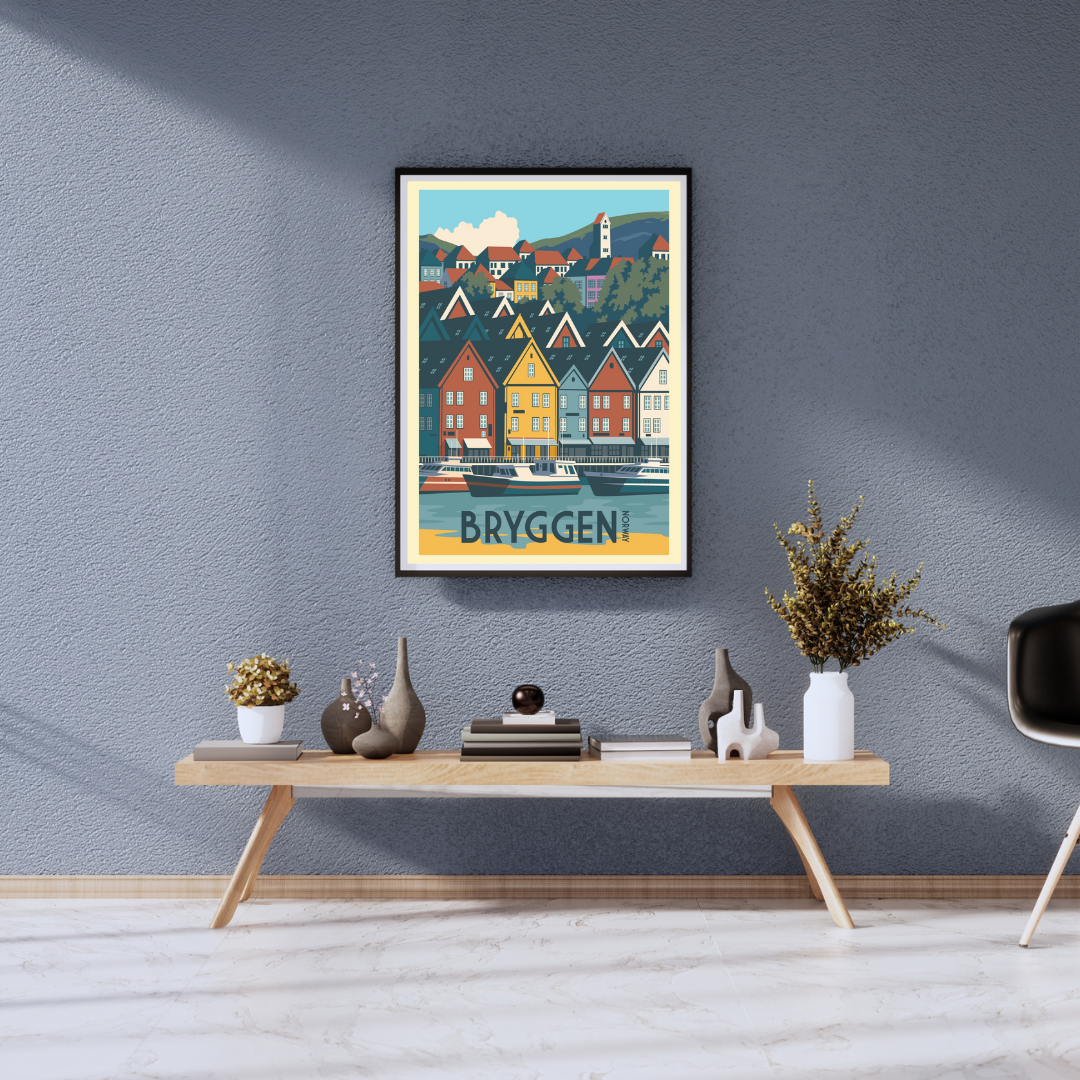 Framed colorful poster from Bryggen i Bergen, Norway. Red, yellow, blue and white houses. Text says Bryggen Norway. Boats in the front.