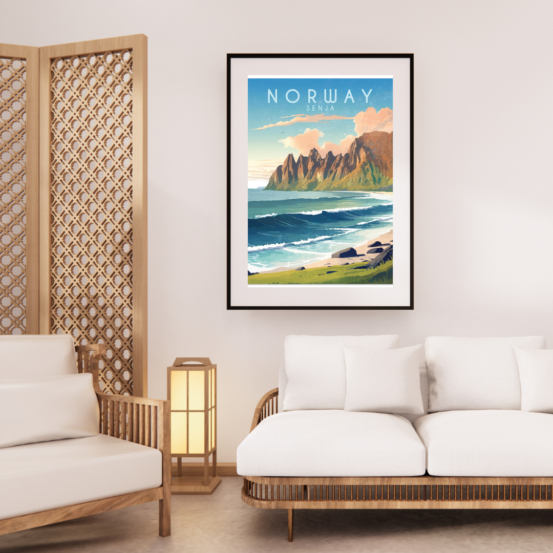 Framed artwork of the view over The Devils Teeth on Senja, Norway, this in a living room setting. Beige and white colors. Text says Norway Senja.