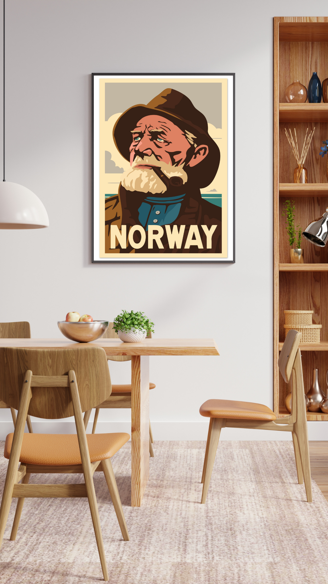 Painted fisherman framed on the wall. Brown colors with the text Norway.