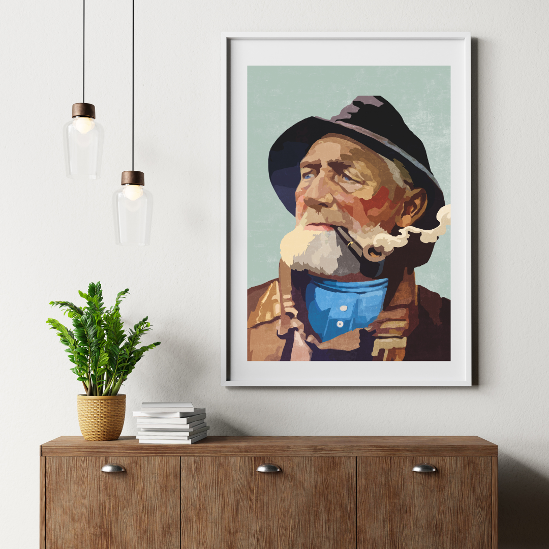 Classic painted picture from a smoking fisherman, framed on the wall.