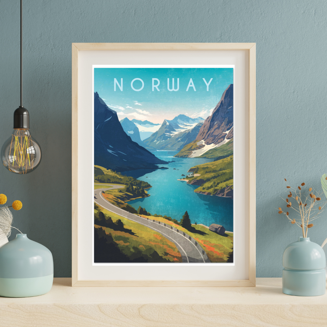 Framed artwork of a scenic view of Norway with mountains, and a fjord. lacers