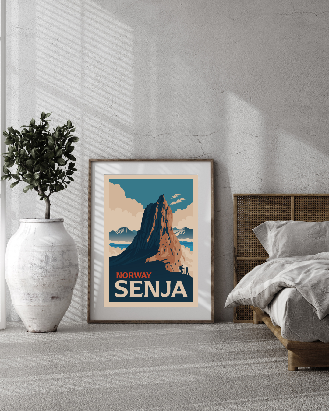 Painted framed picture of the mountain Segla at Senja. Two silouette hikers in the picture.