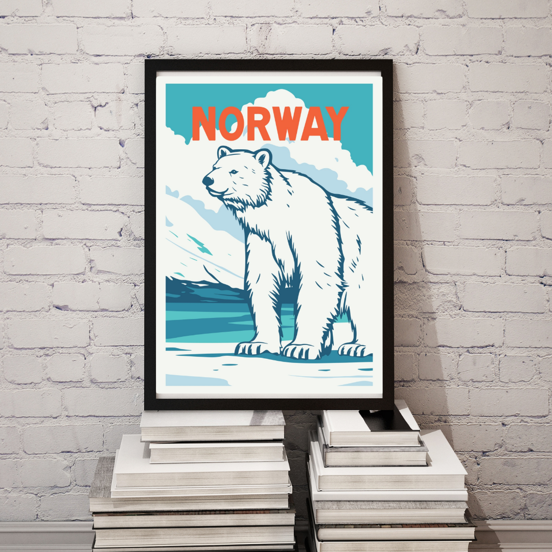 Framed poster from a big and friendly Polar Bear. Text in red says Norway. The colors are white and blue.