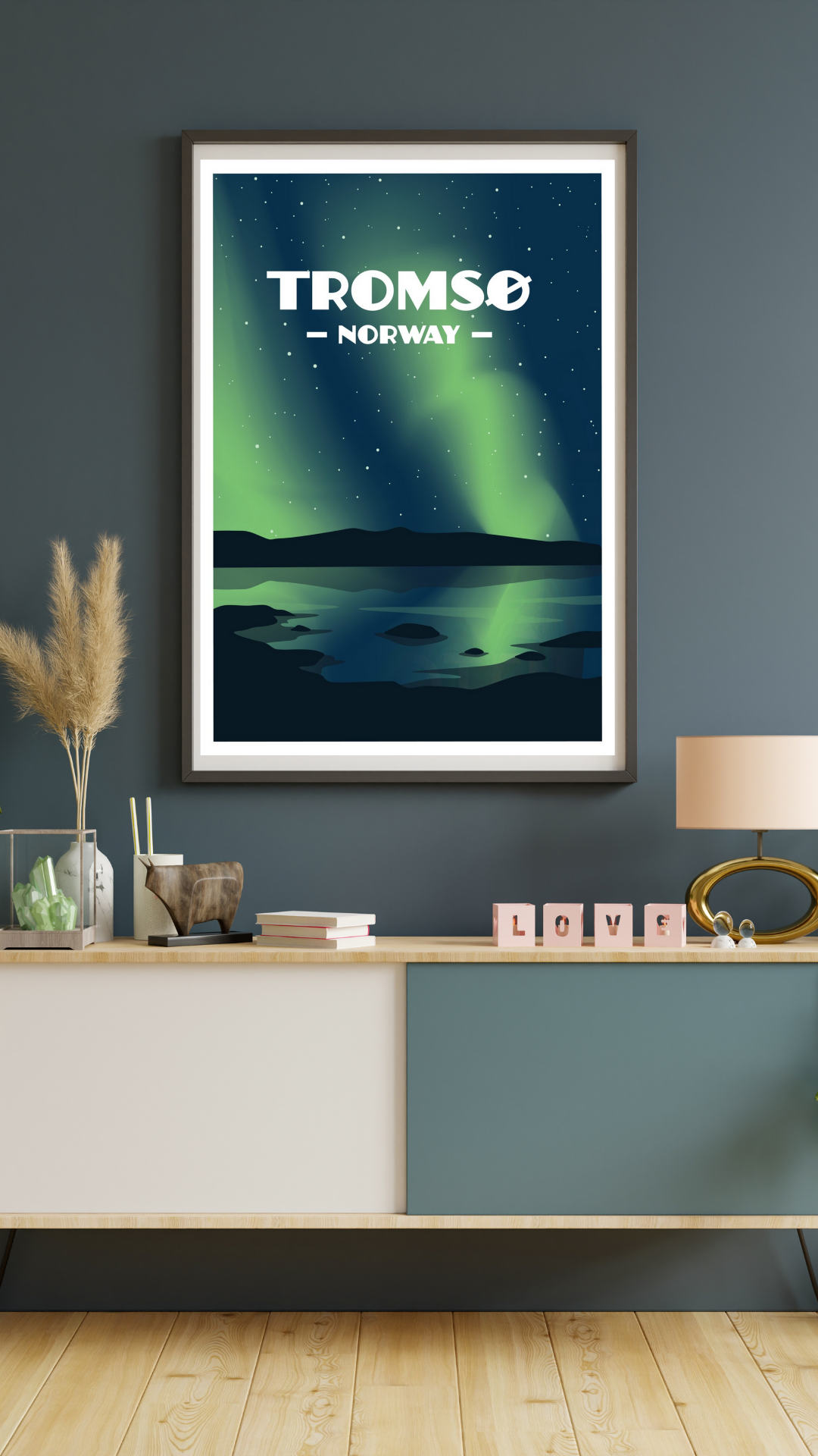 Framed picture from dancing aurora over the open sea in Tromsø, Norway.