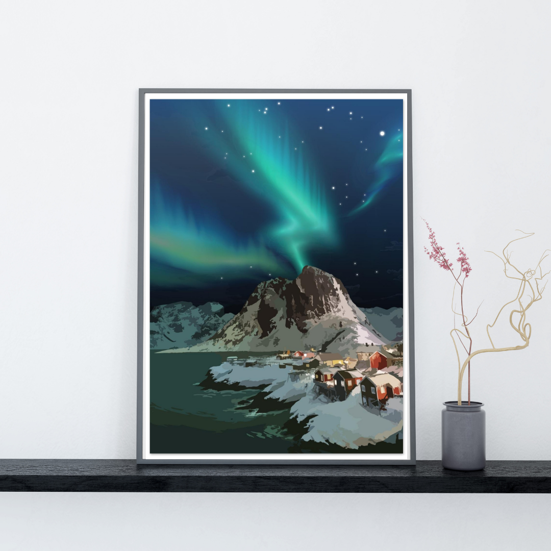 Framed poster from winter in Lofoten, from Hamnøy. Northern Lights are dancing on the dark blue sky. Minimalistic background white and a black shlef.