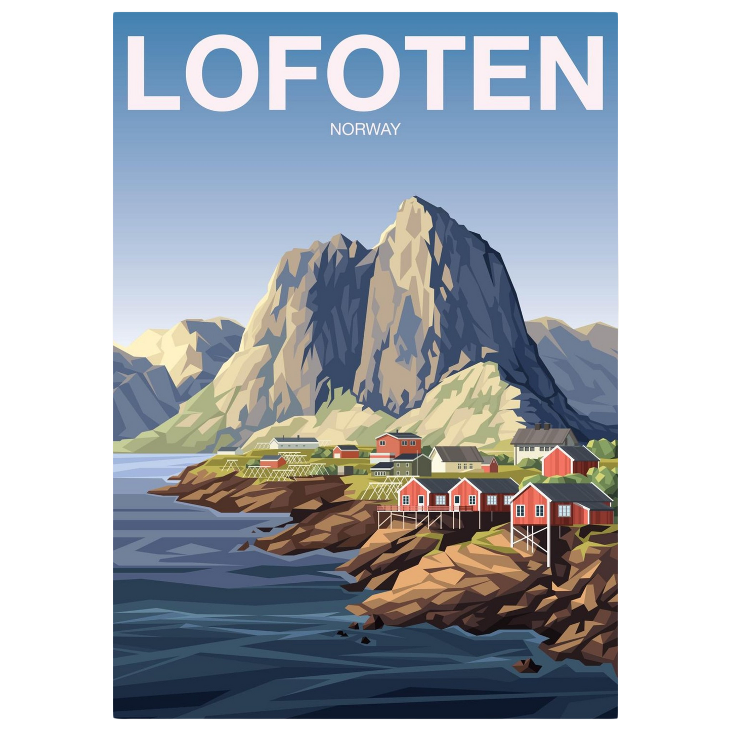 Painted picture of the classic Hamnøy view in Lofoten with red cottages along the shore.