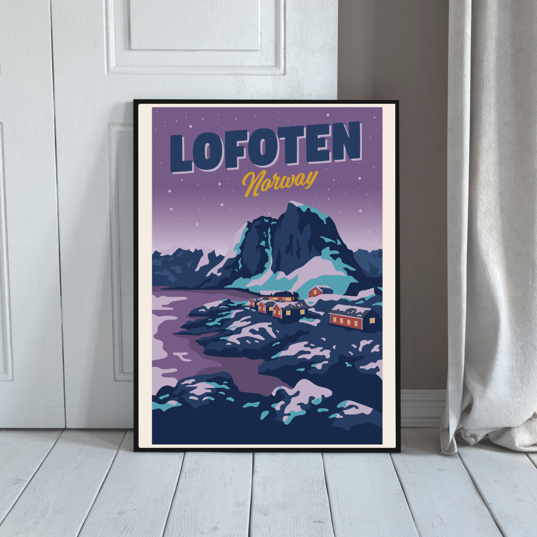 Framed poster of Hamnøy in Lofoten, Norway with a mountain and village scene on a purple background. Arctic winter light.