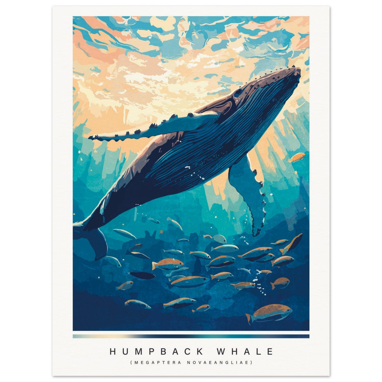 Illustration of a humpback whale in an underwater scene with fish and colorful water.