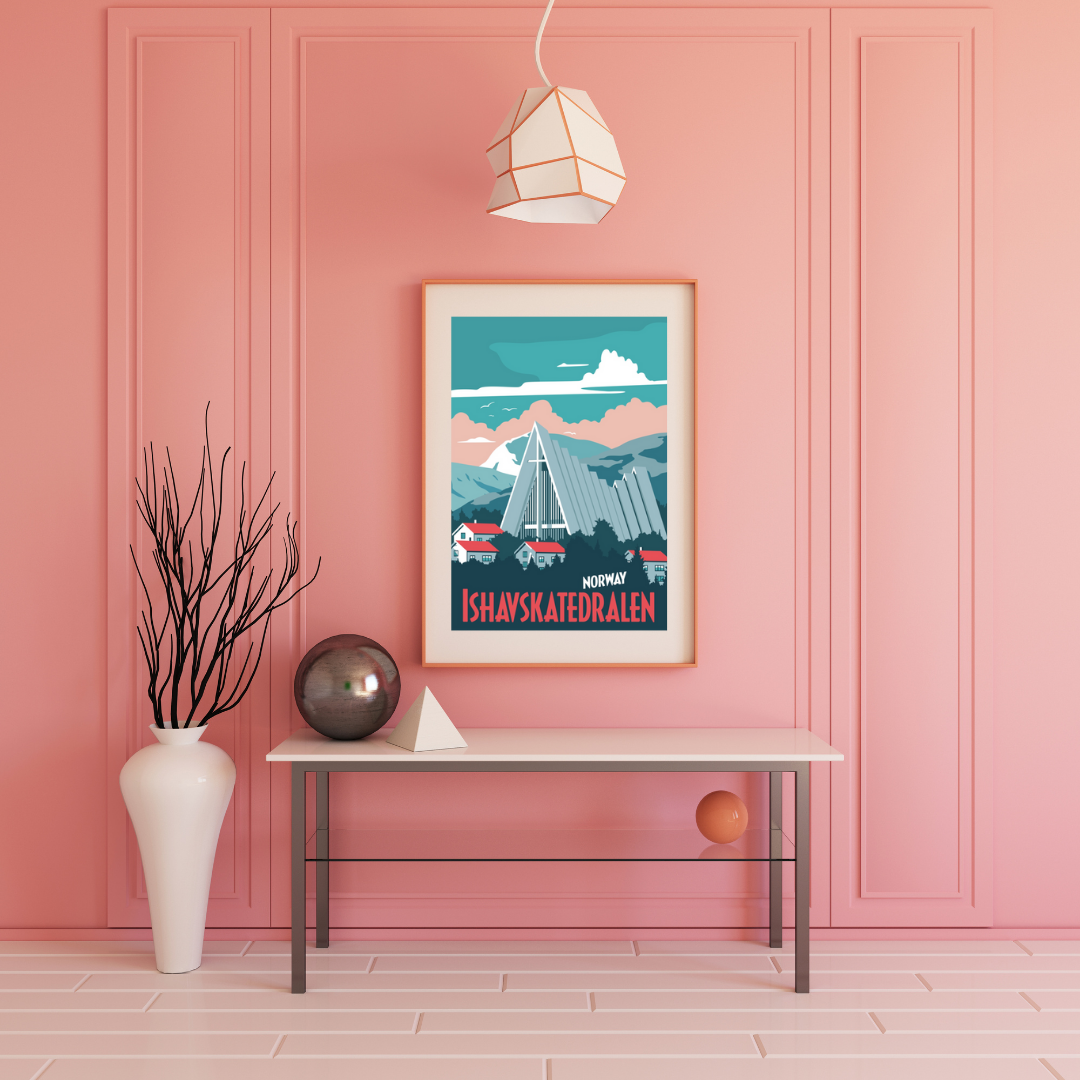 Pastell colored framed poster from Tromsø and the Ishavskatedralen. Pink, grey, blue and white colors.
