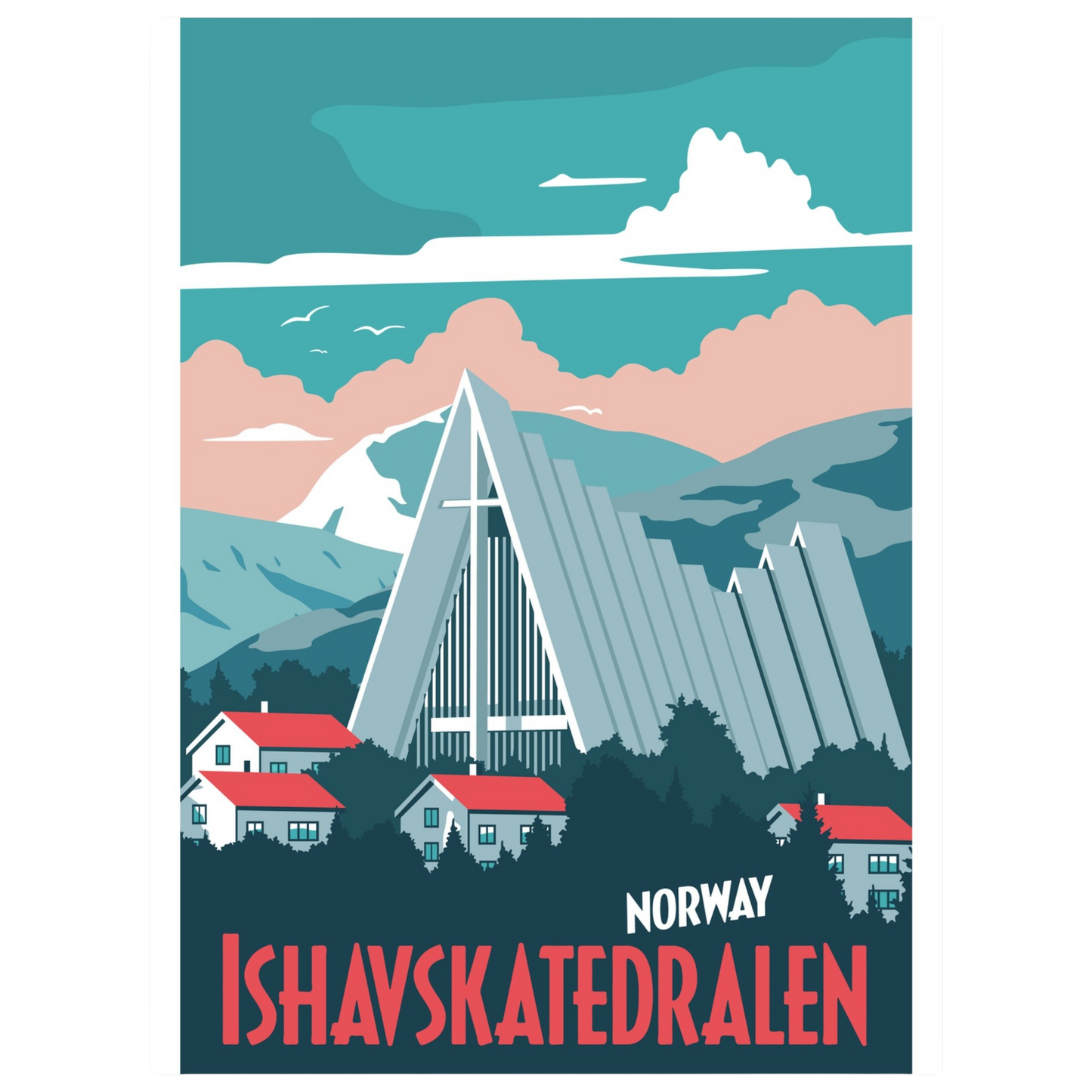 Painted picture from Ishavskatedralen, Tromsø. Pastell colors in pink, blue and white. Mountains behind the church.