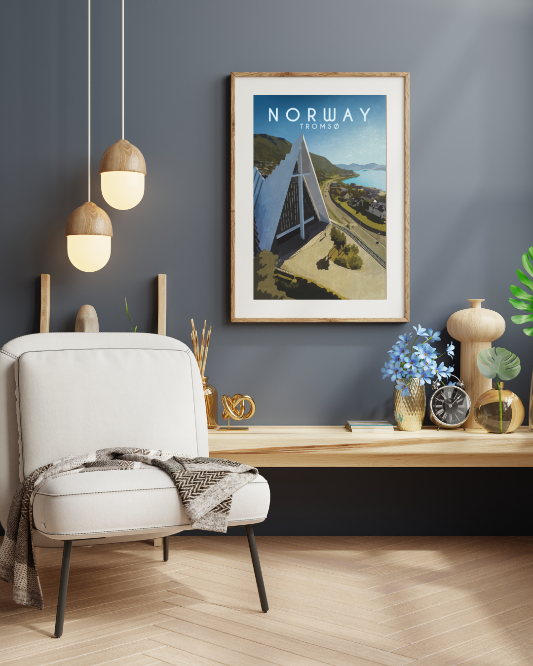 Framed, painted picture from Ishavskatedralen in Tromsø, Norway.