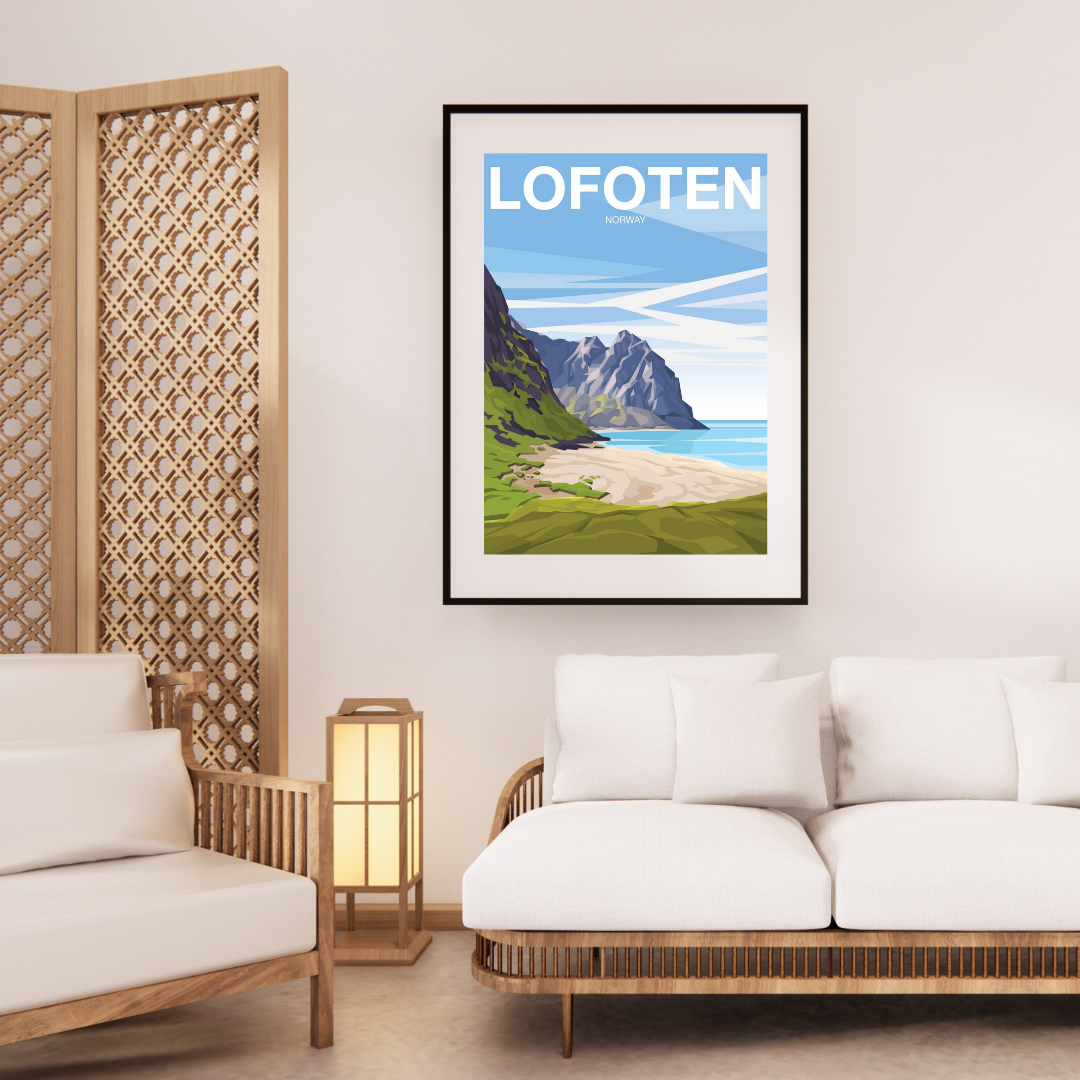 Painted, framed poster from valvika Beach in Lofoten. Soft colors in light blue and beige. The text says Lofoten Norway.