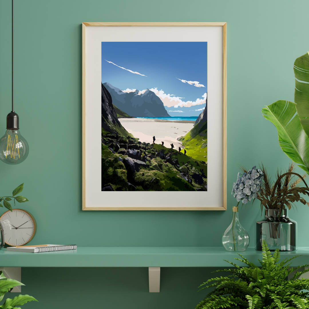 Framed landscape print of Kvalvika beach in Lofoten, Norway on a green wall with decorative elements.