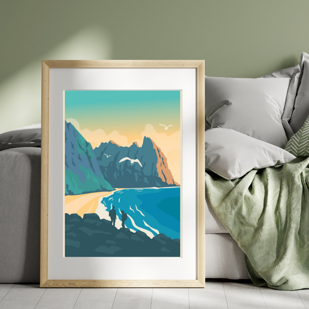 Framed picture in soft colors from the famous hike to Kvalvika Beach in Lofoten. Colors are sandy, beige, blue and a little darker grey.