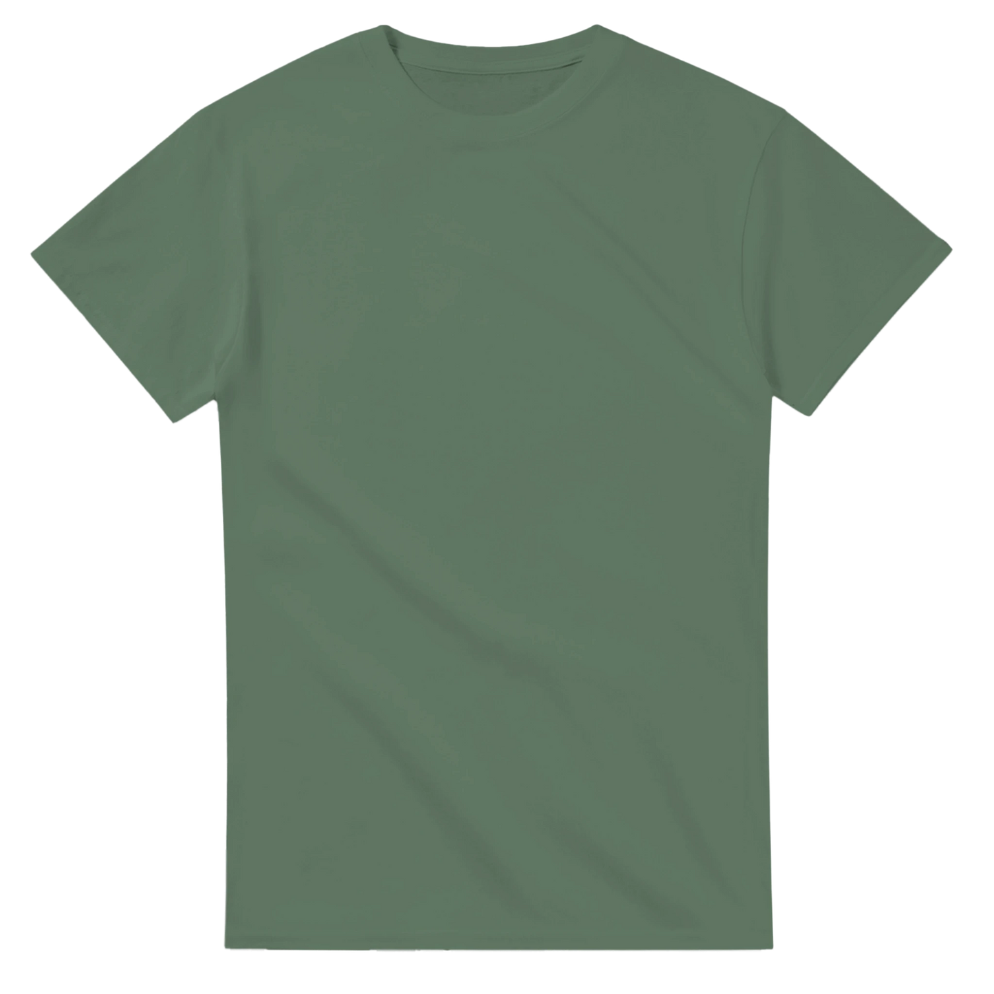 Military green t-shirt, no print in the front.