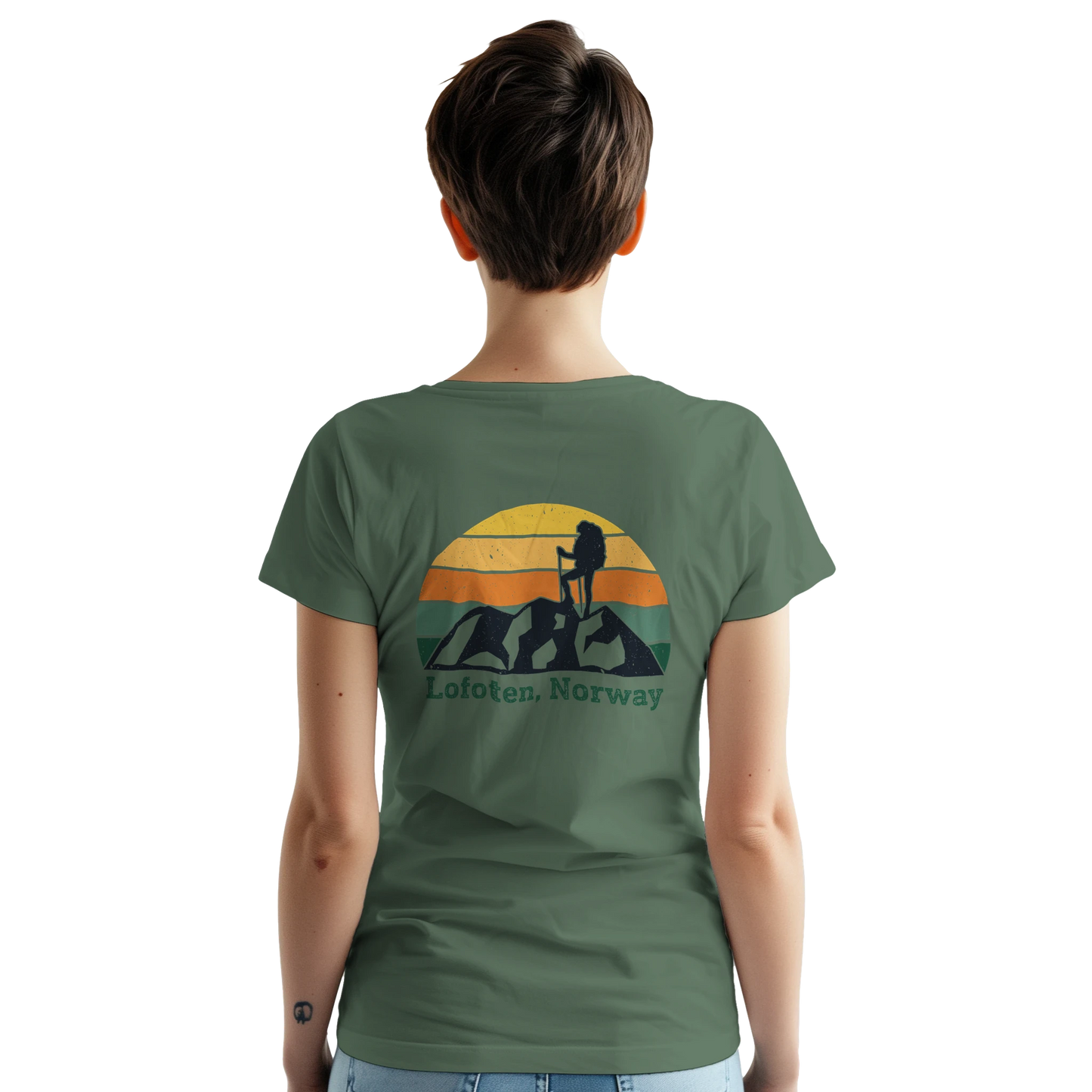 Woman wear a military green t-shirt with print in black, orange and yellow. Print is a lonely hiker on a mountain top in Lofoten watching the sunset.