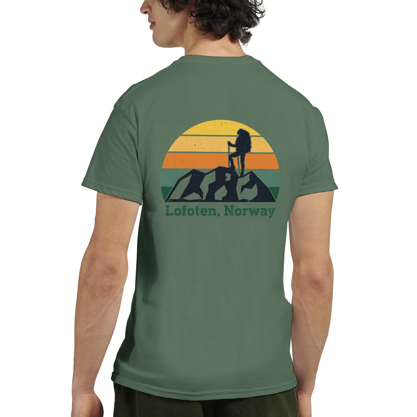 Men wearing a military green t-shirt with print in black, orange and yellow. Print is a lonely hiker on a mountain top in Lofoten watching the sunset.
