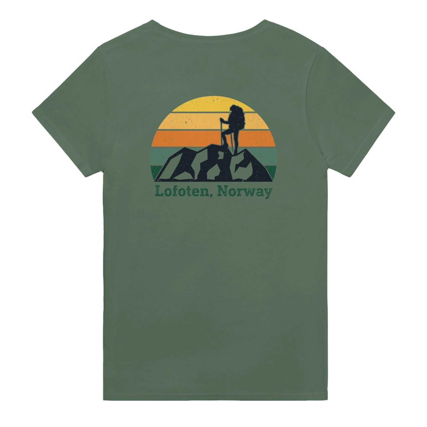 Military green t-shirt with print in black, orange and yellow. Print is a lonely hiker on a mountain top in Lofoten watching the sunset.
