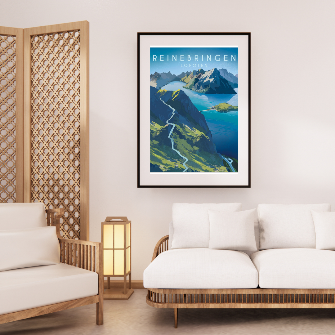Framed artwork of the Reinebringen hike, in a living room setting.