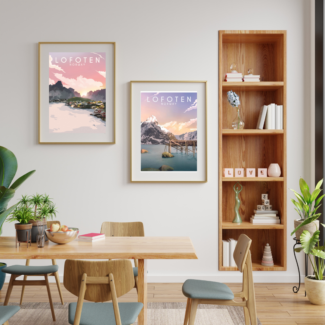 Dining room with wooden table, chairs, and bookshelf with decor items. On the wall two framed posters from Lofoten, one from Reine, the other one from fishing racks during winter.