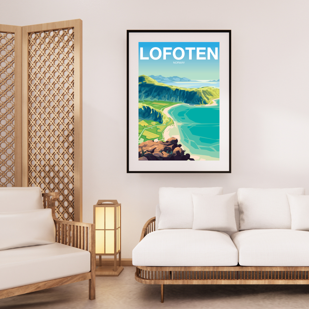 Framed artwork of Lofoten with a scenic view in a living room setting. The view is from the top of the hike Mannen at Haukland beach.