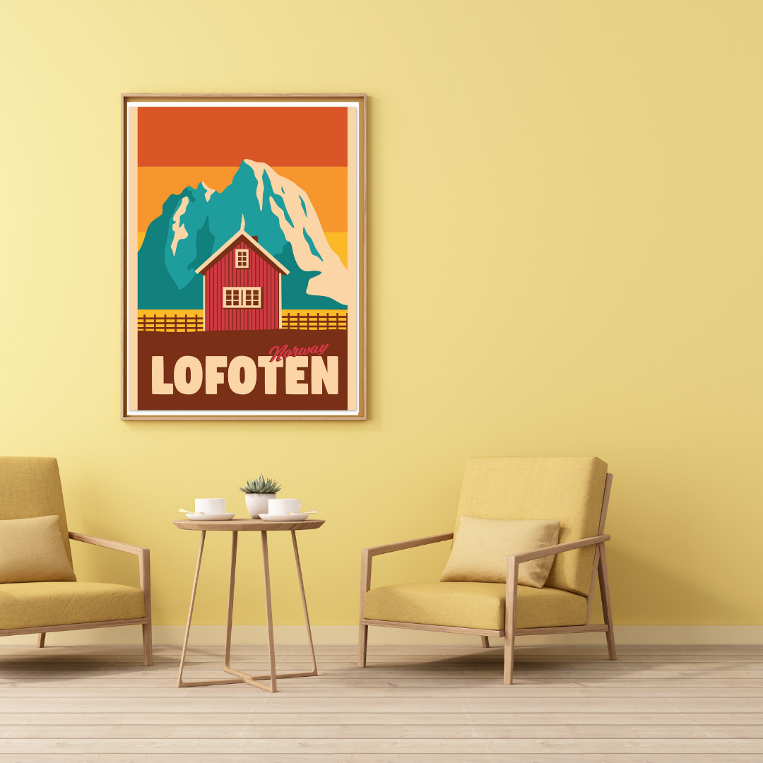 Framed poster of Lofoten with a red rorbu (fisherman hut) and midnight sun and mountains on a yellow wall.