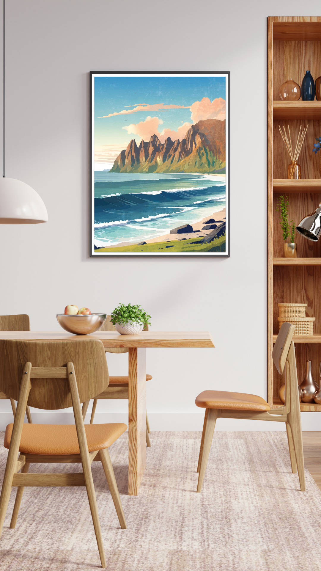 Dining room with a framed artwork of the mountain range Devils Teeth at Senja in Norway. Colors on the poster is beige, brown and blue.