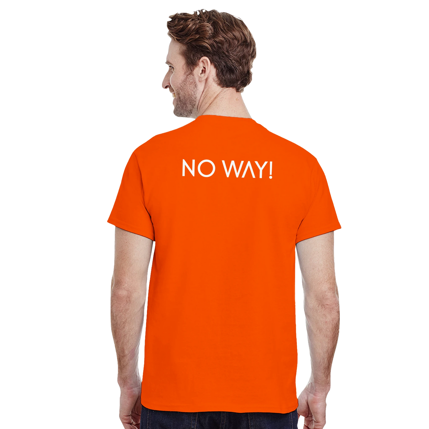 Man wearing an orange t-shirt with the text NO WAY! on the backside.