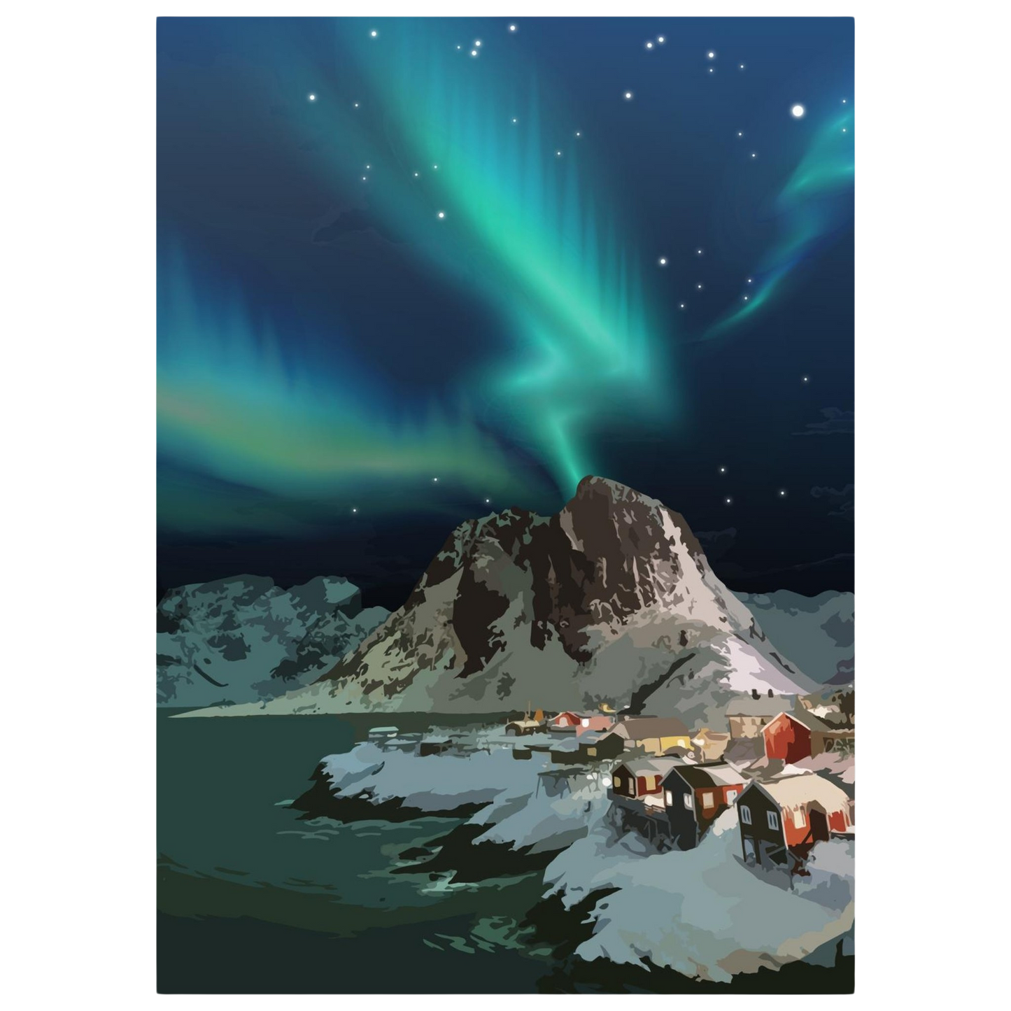 Painted picture with northern lights over Hamnøy in Lofoten