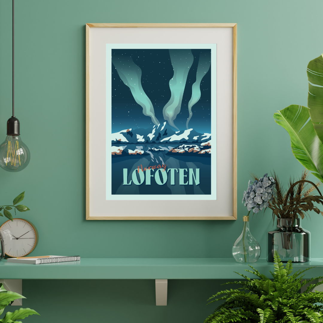 Framed poster of Lofoten with aurora borealis on a green wall.