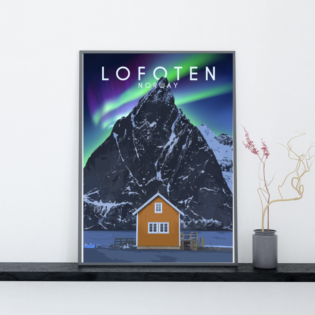 Framed poster from Lofoten, Norway with the classic mountain view over Olstind and the yellow cabin. Dancing Aurora in the background.