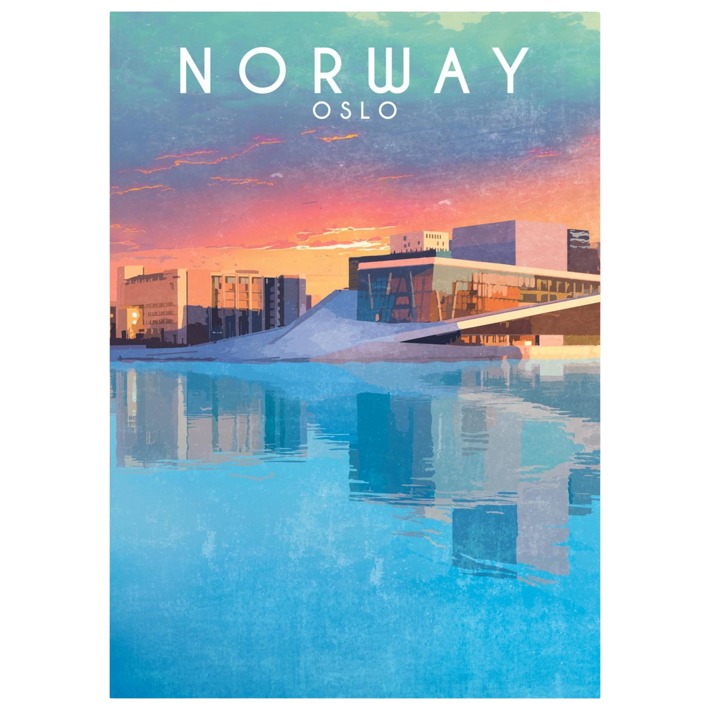 Painted picture from the opera house in oslo, Norway. Colors are pastell with pink and blue.