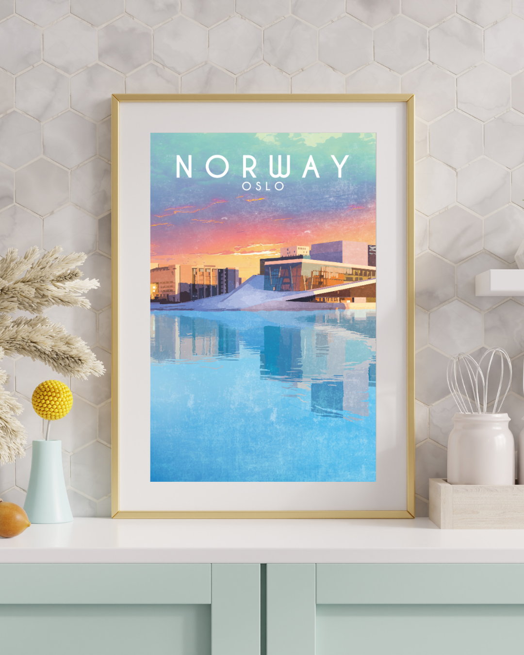 Framed, painted picture from the opera house in Oslo. Pastell colors.