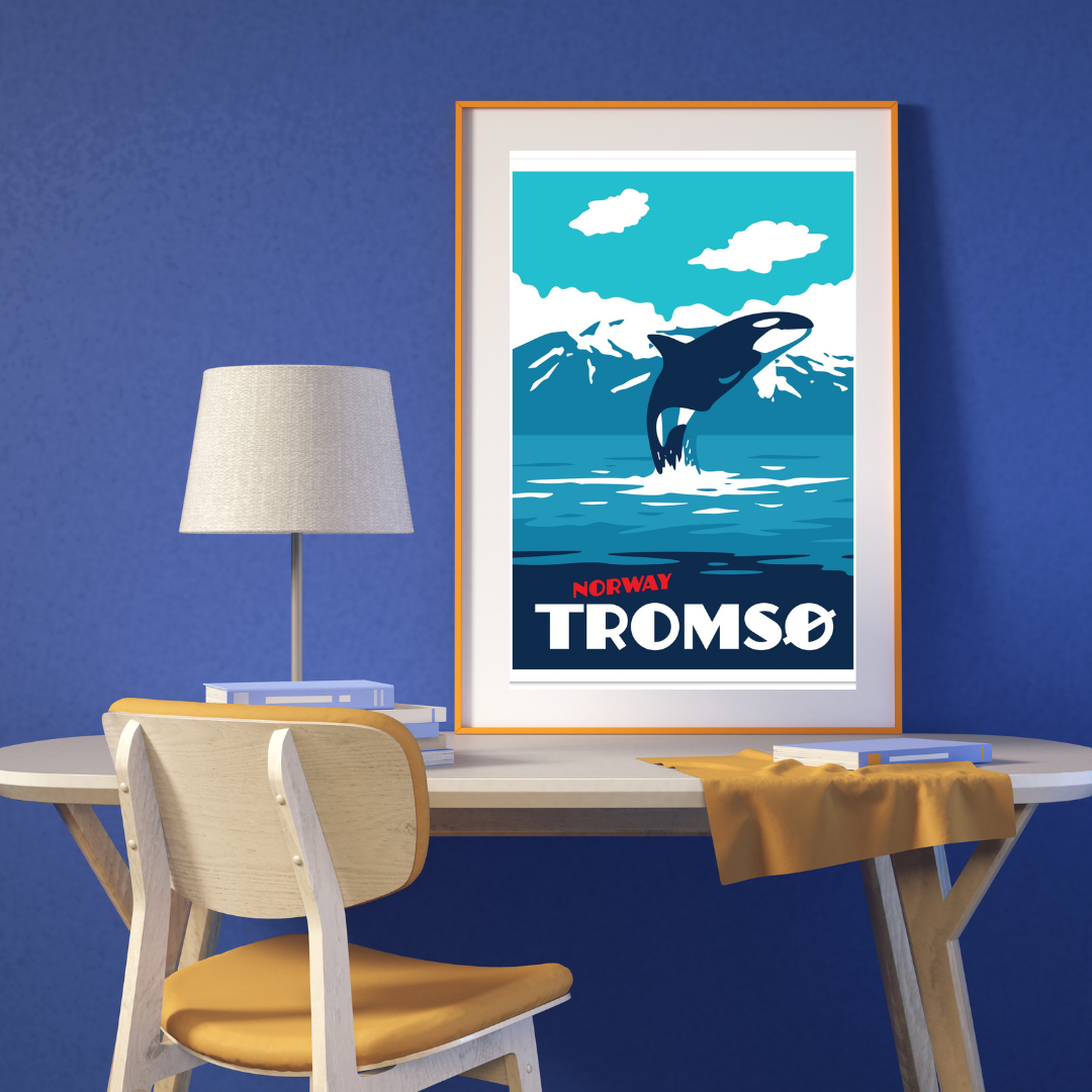Orca picture on the wall with the text Tromsø, Norway.