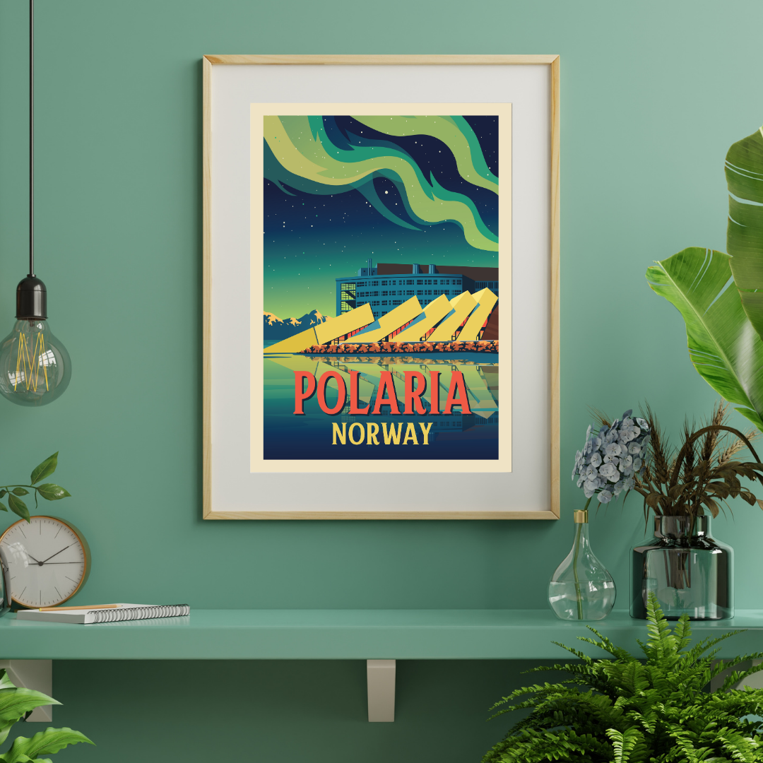 Framed artwork of Polaria Norway in Tromsø on a green wall with plants and decor. Picture is from Polaria in Tromsø and the sky is full of northern light.