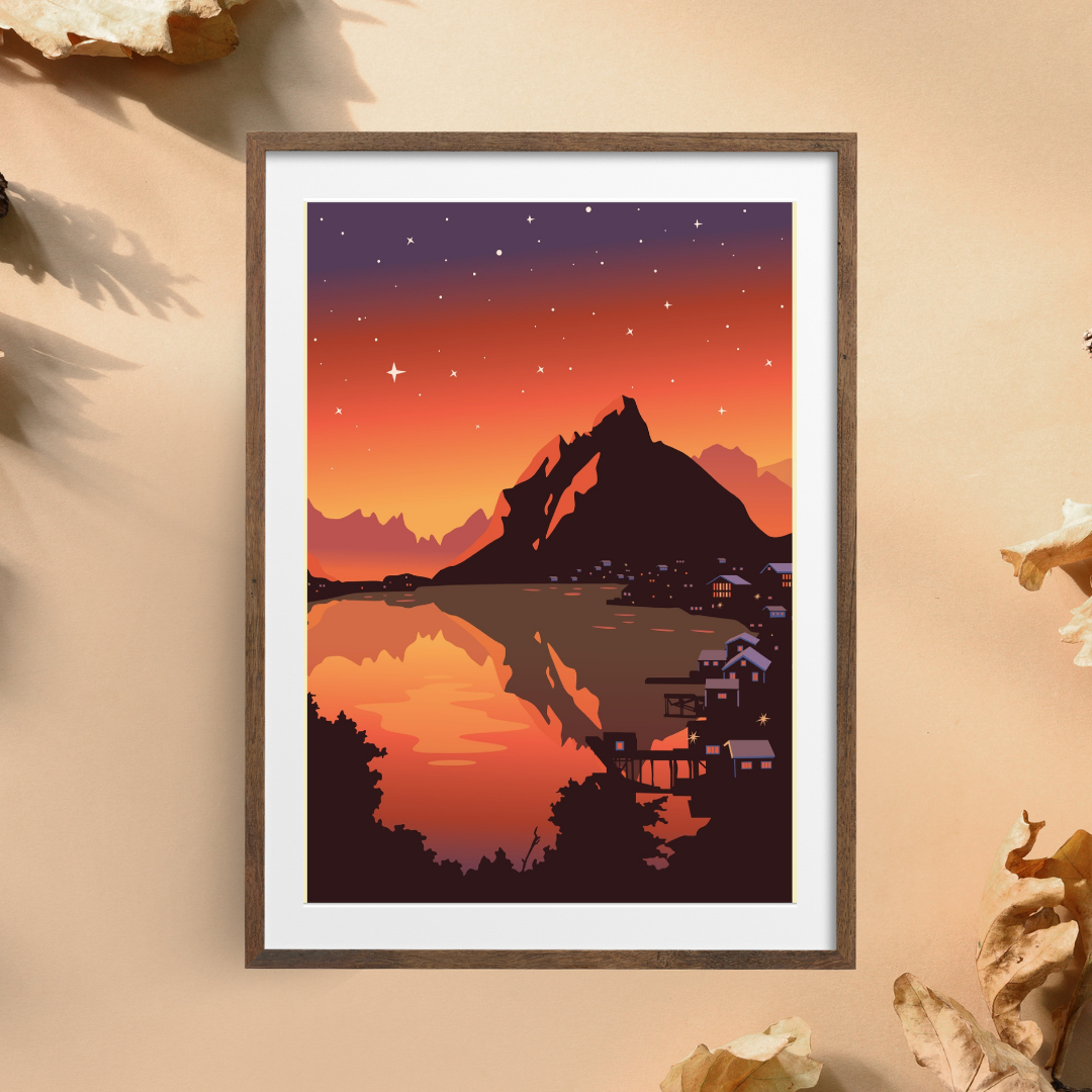 Framed artwork of the mountainous landscape in Reine Lofoten, with the reflective fjord and starry sky.