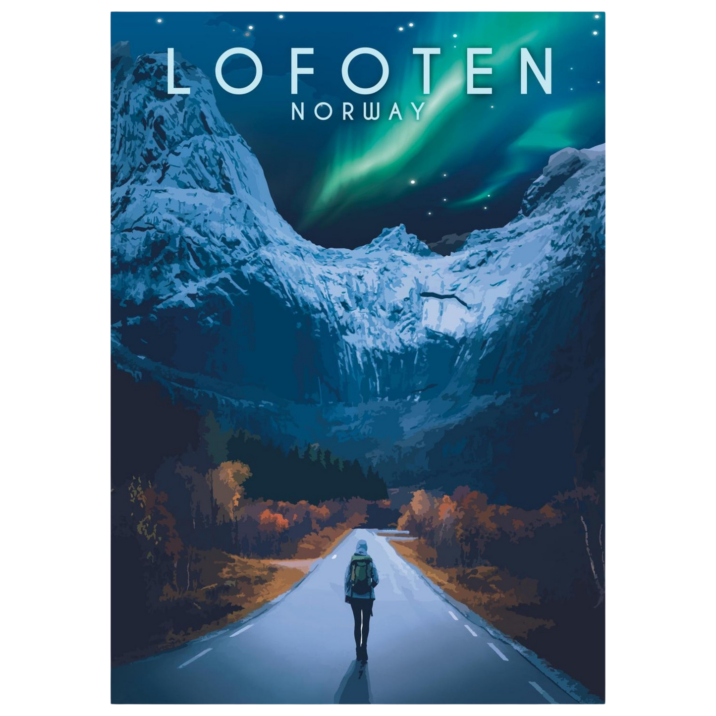 Road to Nusfjord in Lofoten, with aurora.
