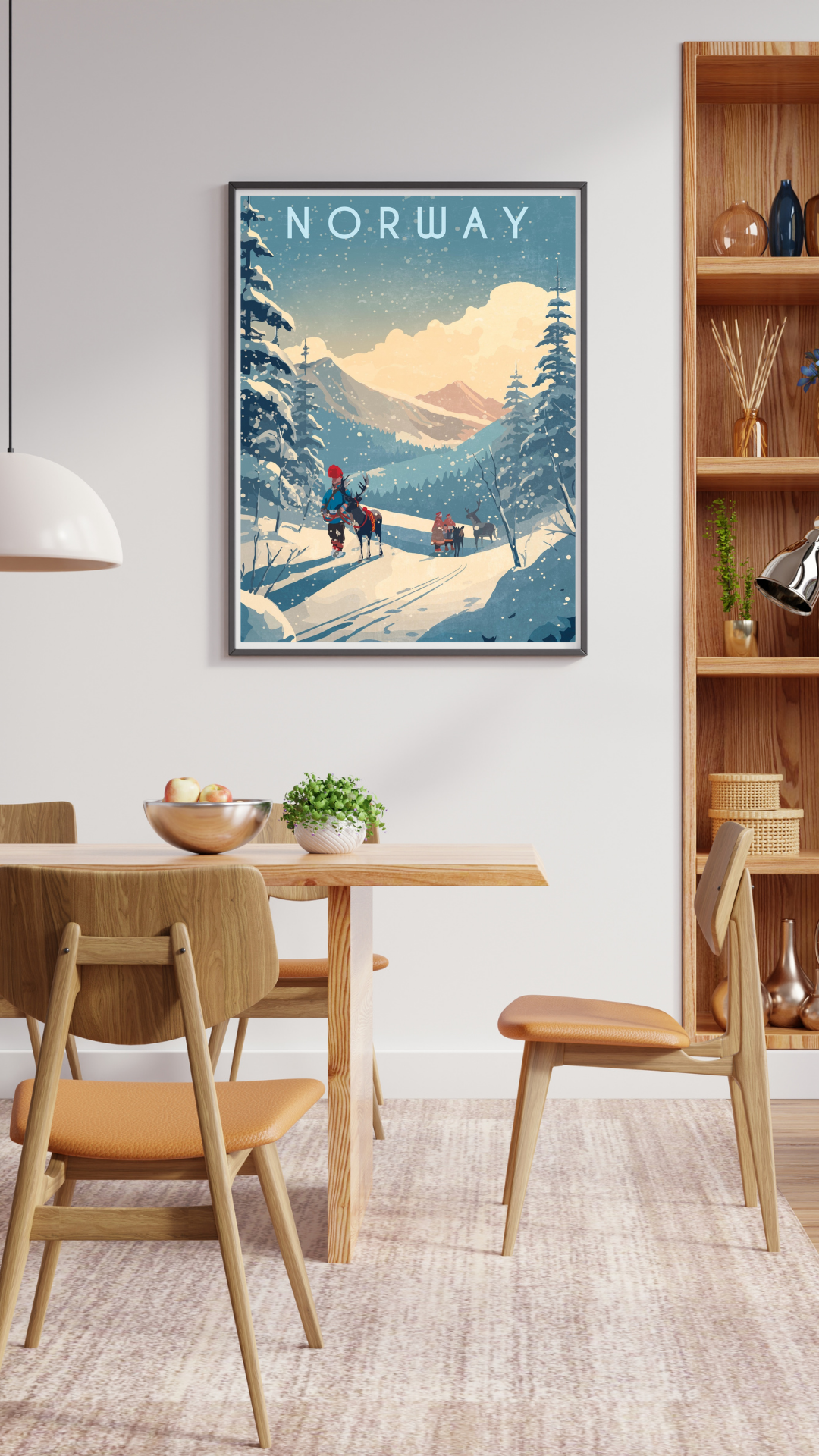 Framed artwork of a snowy landscape with 'Norway' text in a dining room. Motive in the picture is a Sami person with his reindeers. Colors are white and blue and the text says Norway.