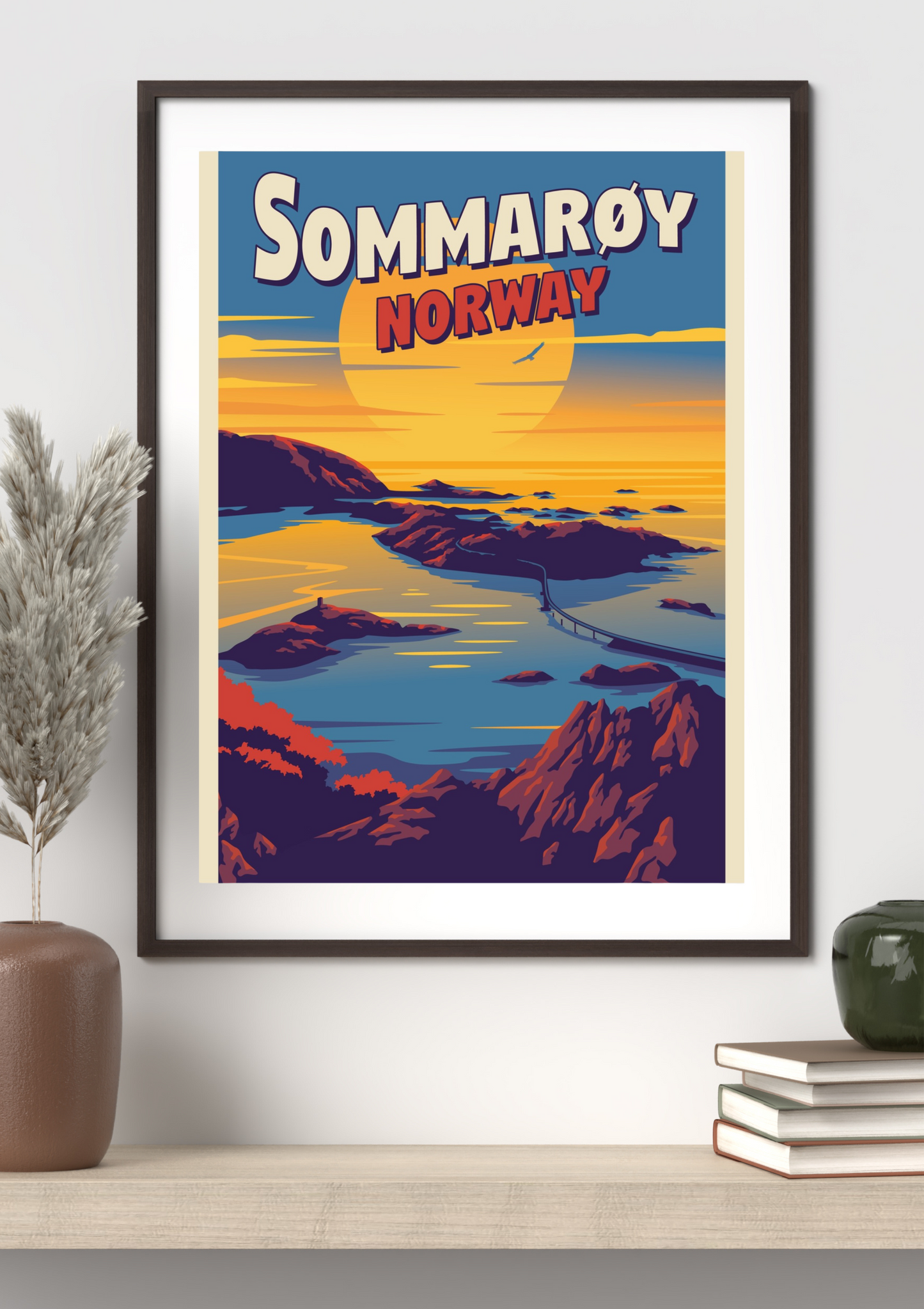 Framed poster from Sommarøy outside Tromsø, Norway. A big yellow midnightsun in the middle, ocean, brown islands and the sea. Also a bridge between the islands.