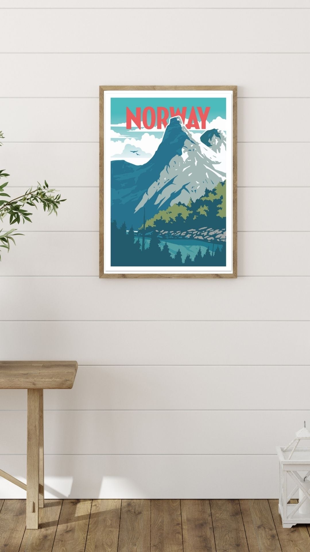 Framed poster of Norway with Norway´s national mountain Stetind, on a white wall.