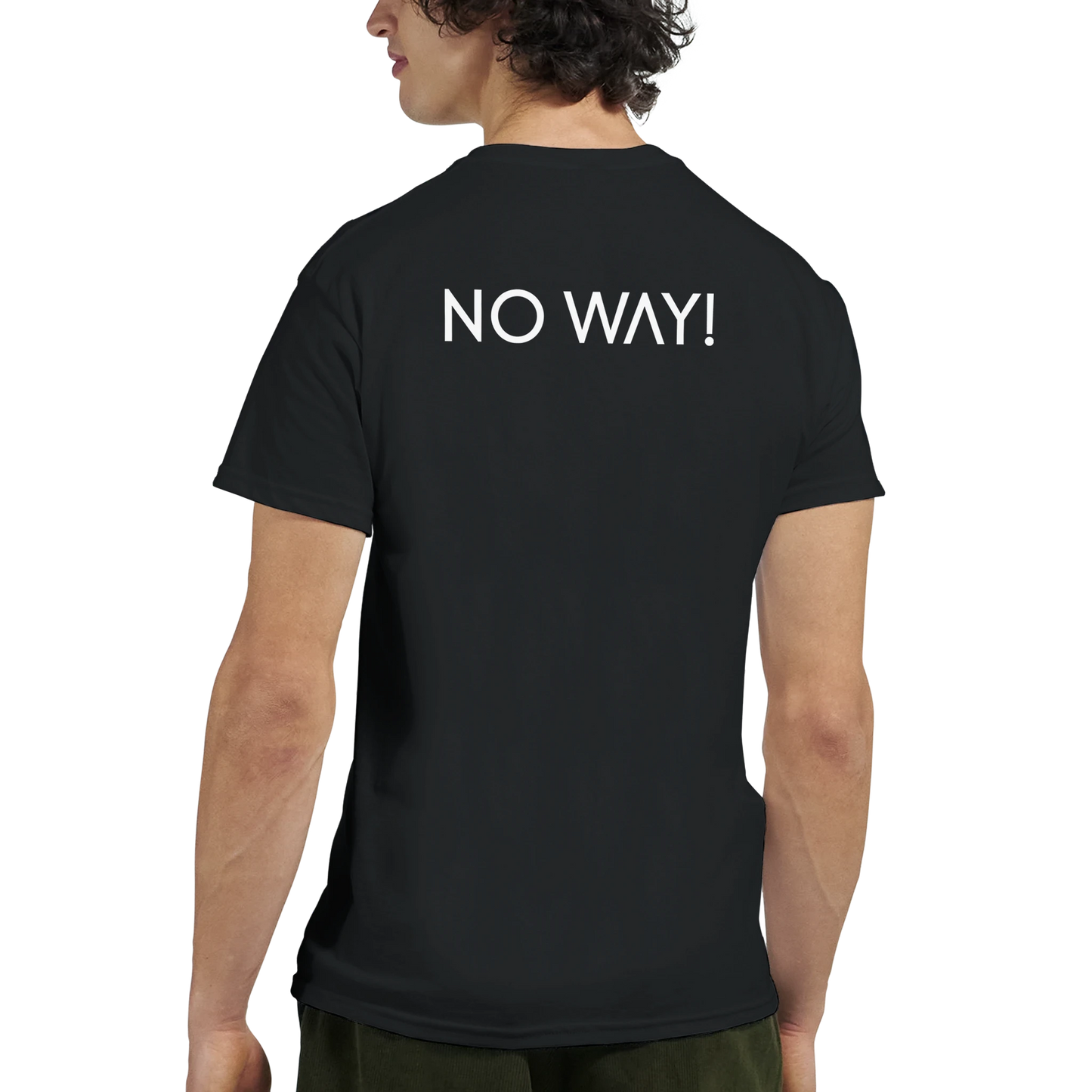 Youth man weaing a black NO WAY t-shirt with print on the back.