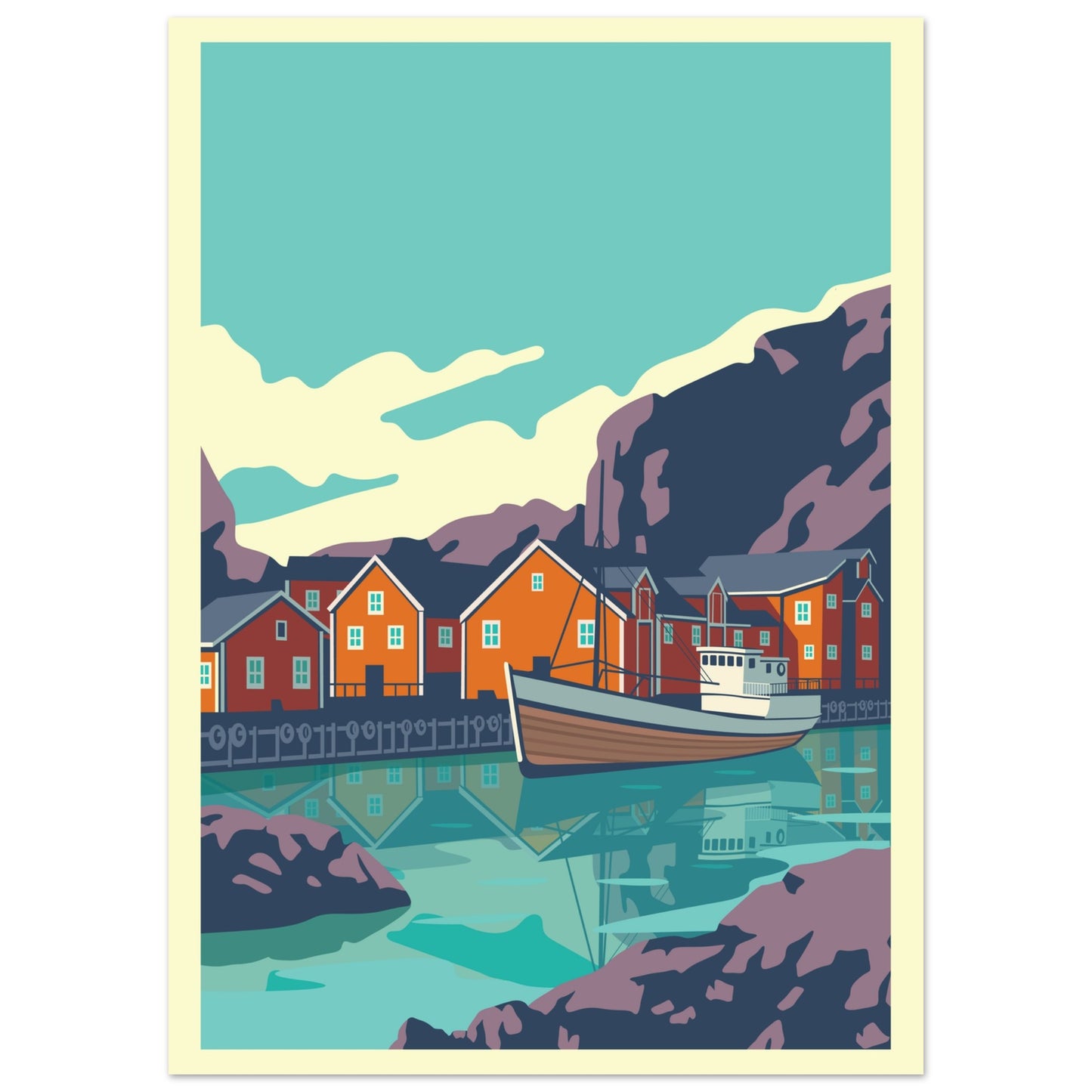 A traditional fishing boat docked in the calm summer waters of Nusfjord, surrounded by yellow wooden buildings and mountain cliffs.