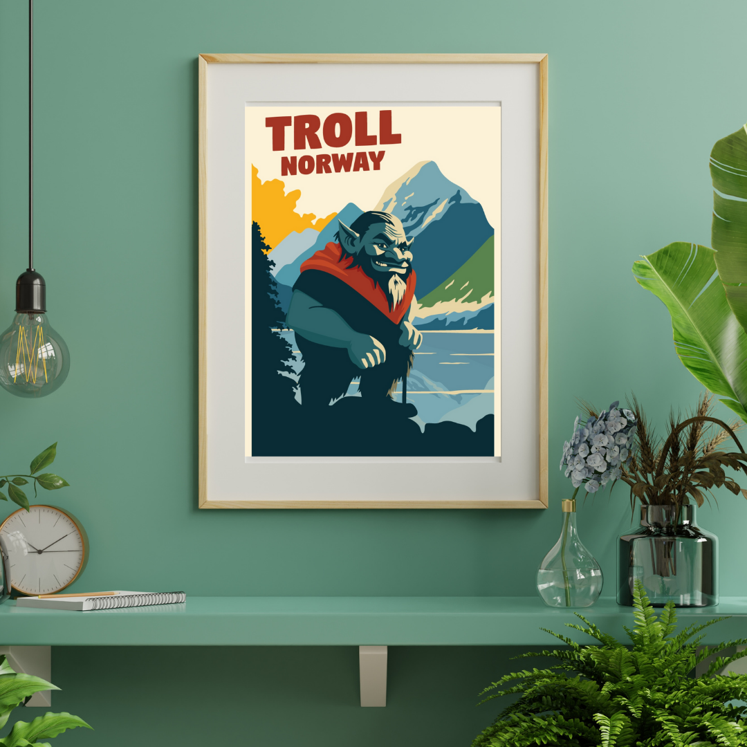 Framed 'Troll Norway' poster on a green wall with plants and decor.